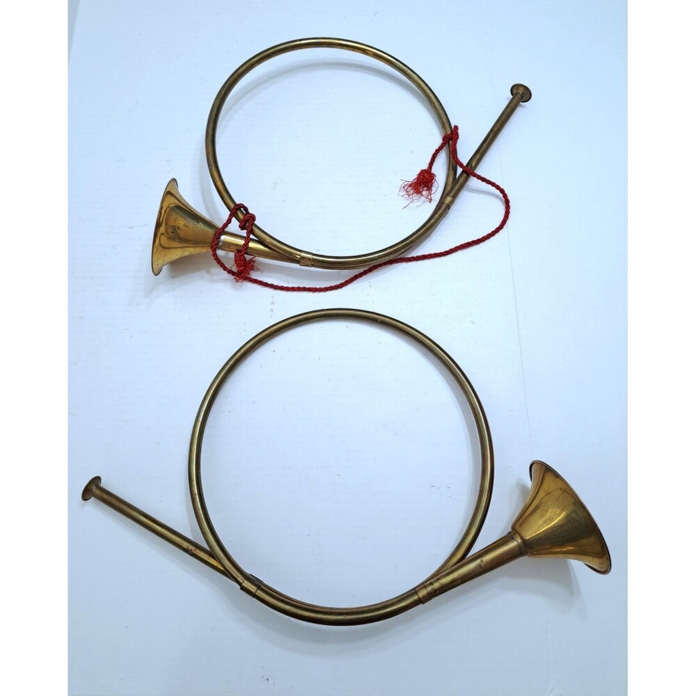 Vintage Brass Hunting Horn Ornament Fox Hunt Equestrian Decor Set of 2
